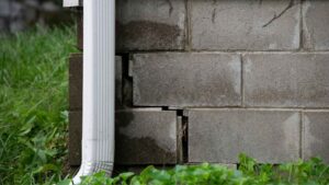 a close up of a cracked foundation on a house