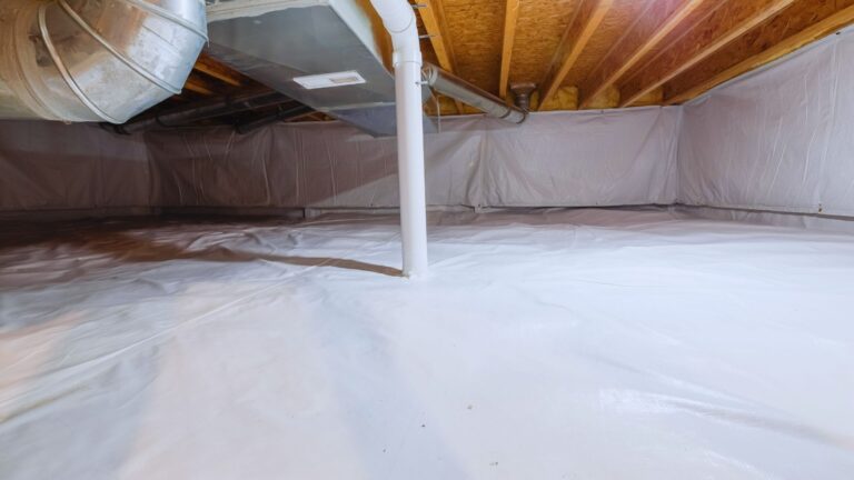 A clean, encapsulated crawl space features a white vapor barrier lining the floor and walls—showcasing quality crawlspace repair—alongside exposed wooden ceiling beams and visible ductwork and pipes.