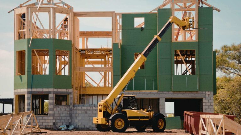 structural lifting in michigan yellow telescopic forklift lifts materials to the upper floor of a partially constructed two-story house with green sheathing and exposed wooden framing.