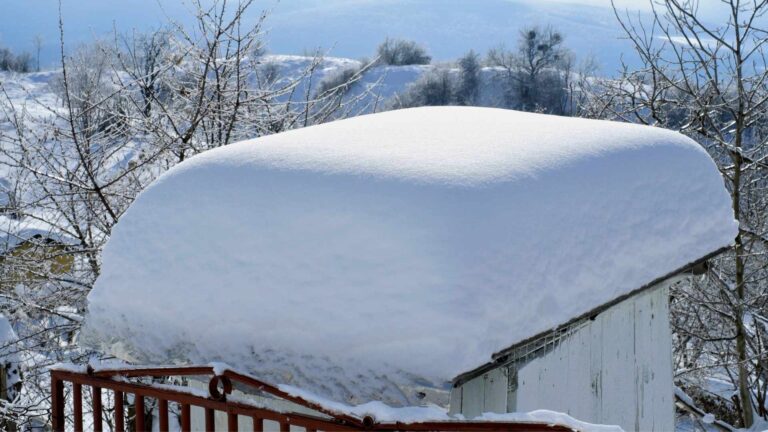 pole barn repair in michigan A shed with a thick, even layer of snow covering its roof, surrounded by bare trees and a snowy landscape in the background.